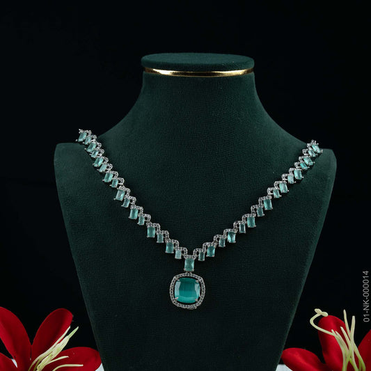 Sia Mint Green AD Silver Plated Halo Necklace Set