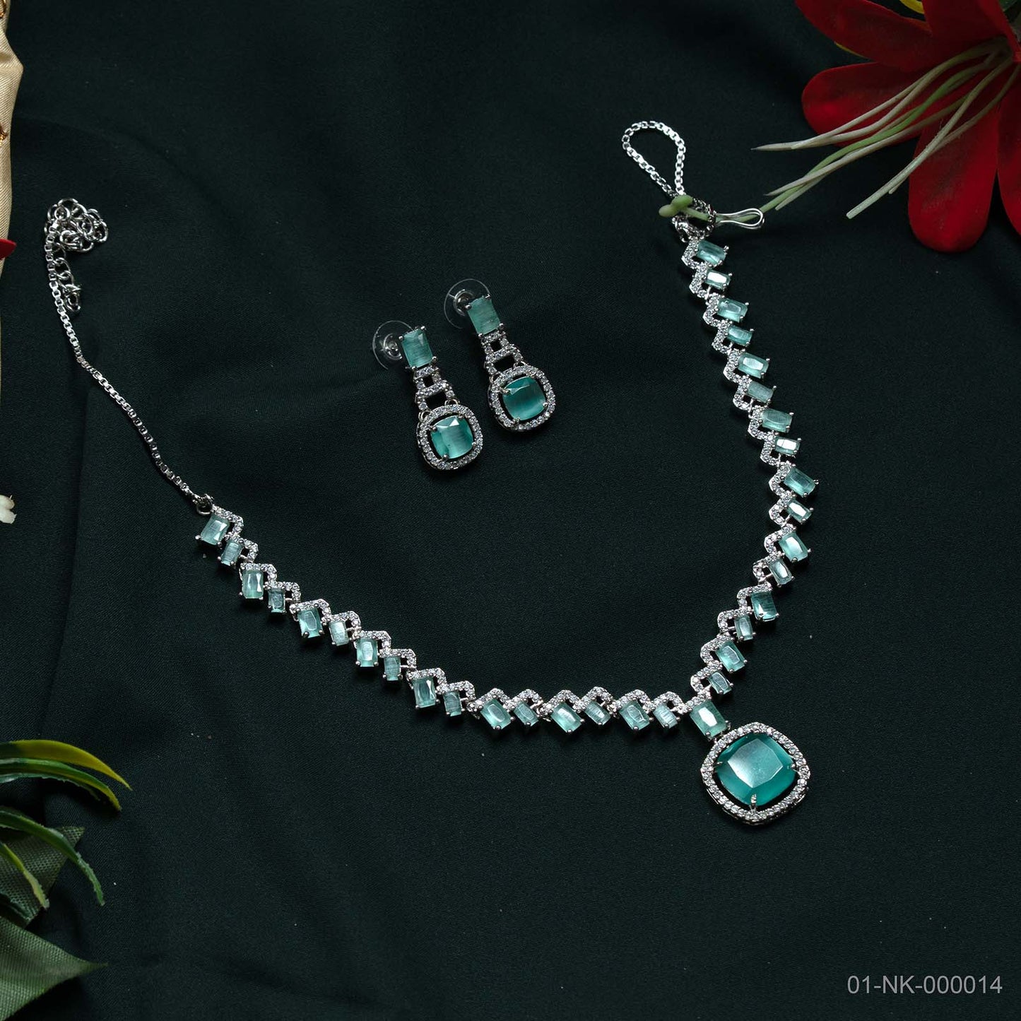 Sia Mint Green AD Silver Plated Halo Necklace Set