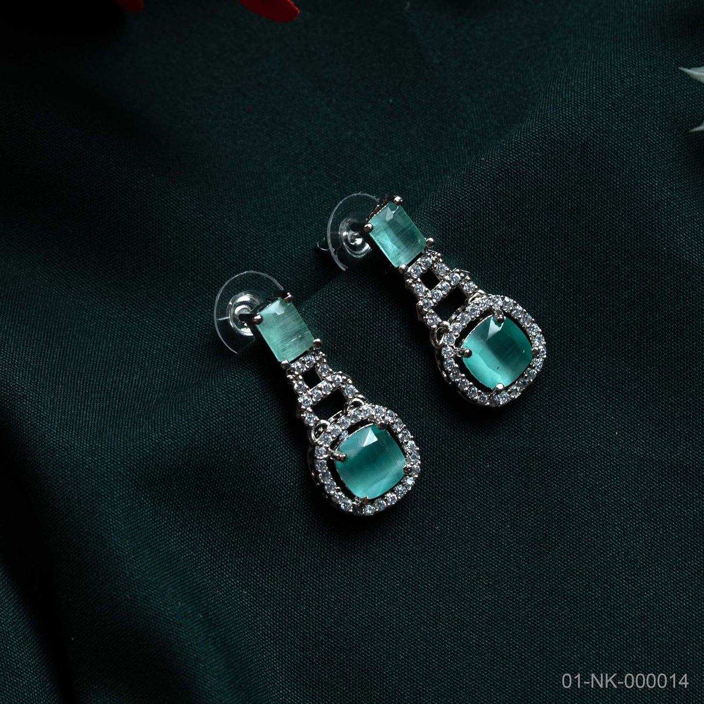 Sia Mint Green AD Silver Plated Halo Necklace Set