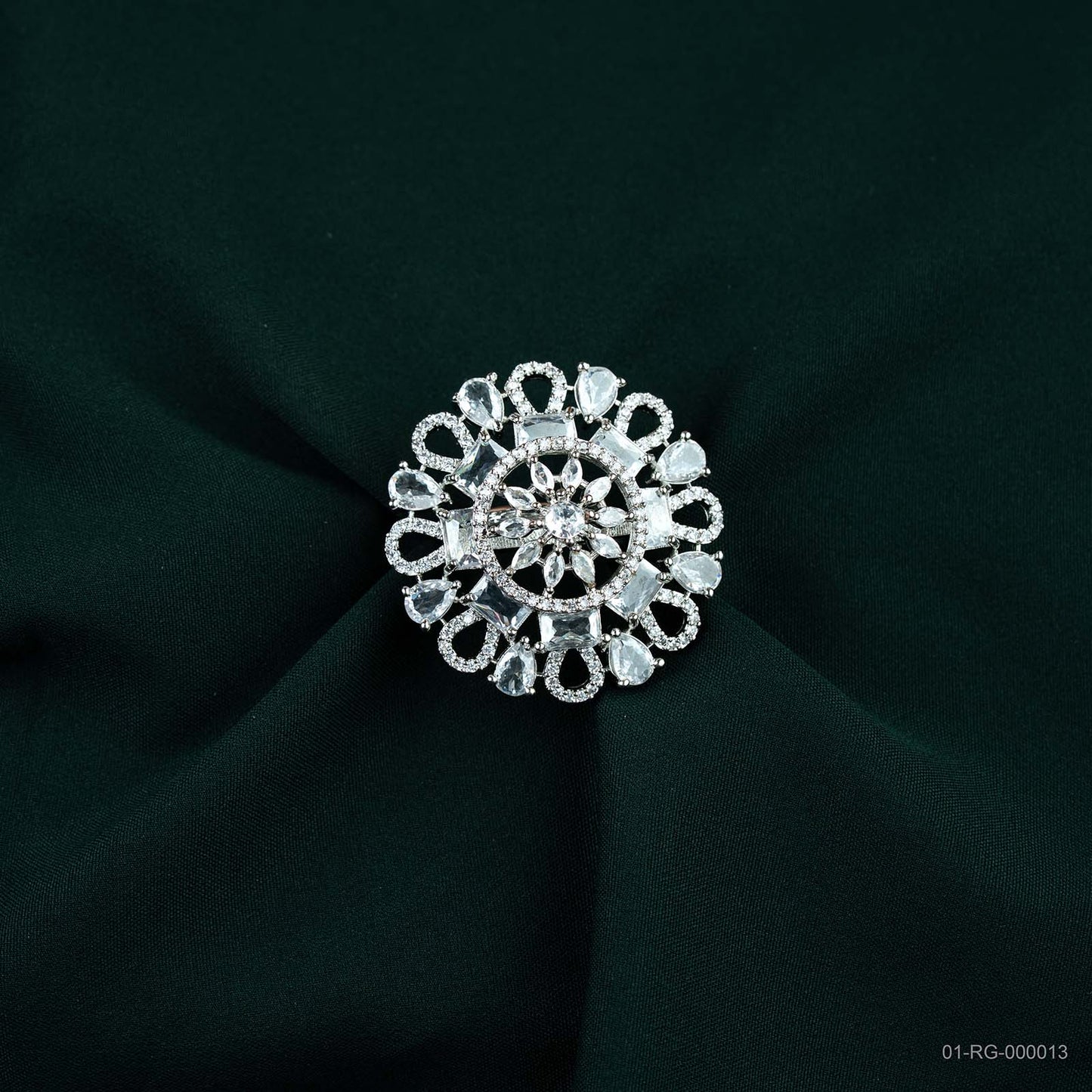 Srivaya Aria Silver Plated AD Vintage Floral Ring