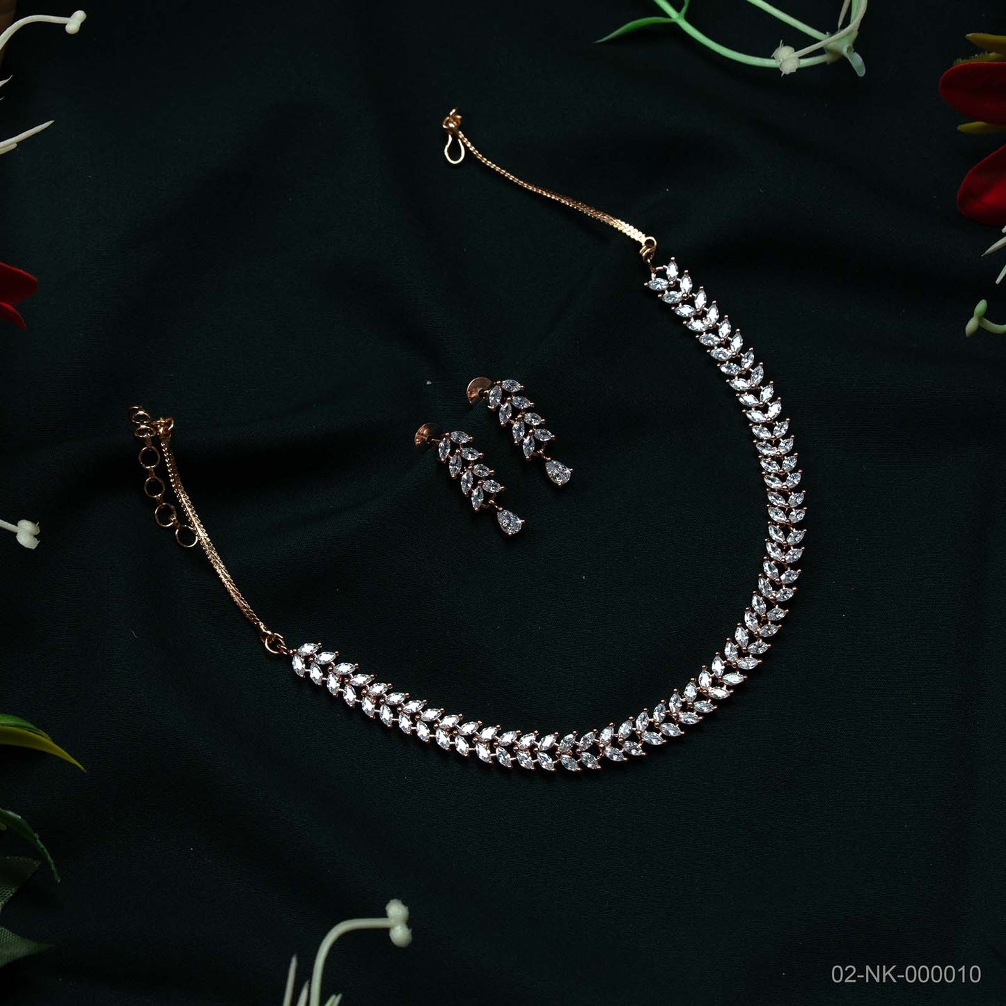 Srivaya Ira Rose Gold AD Leaf Motif Necklace Set