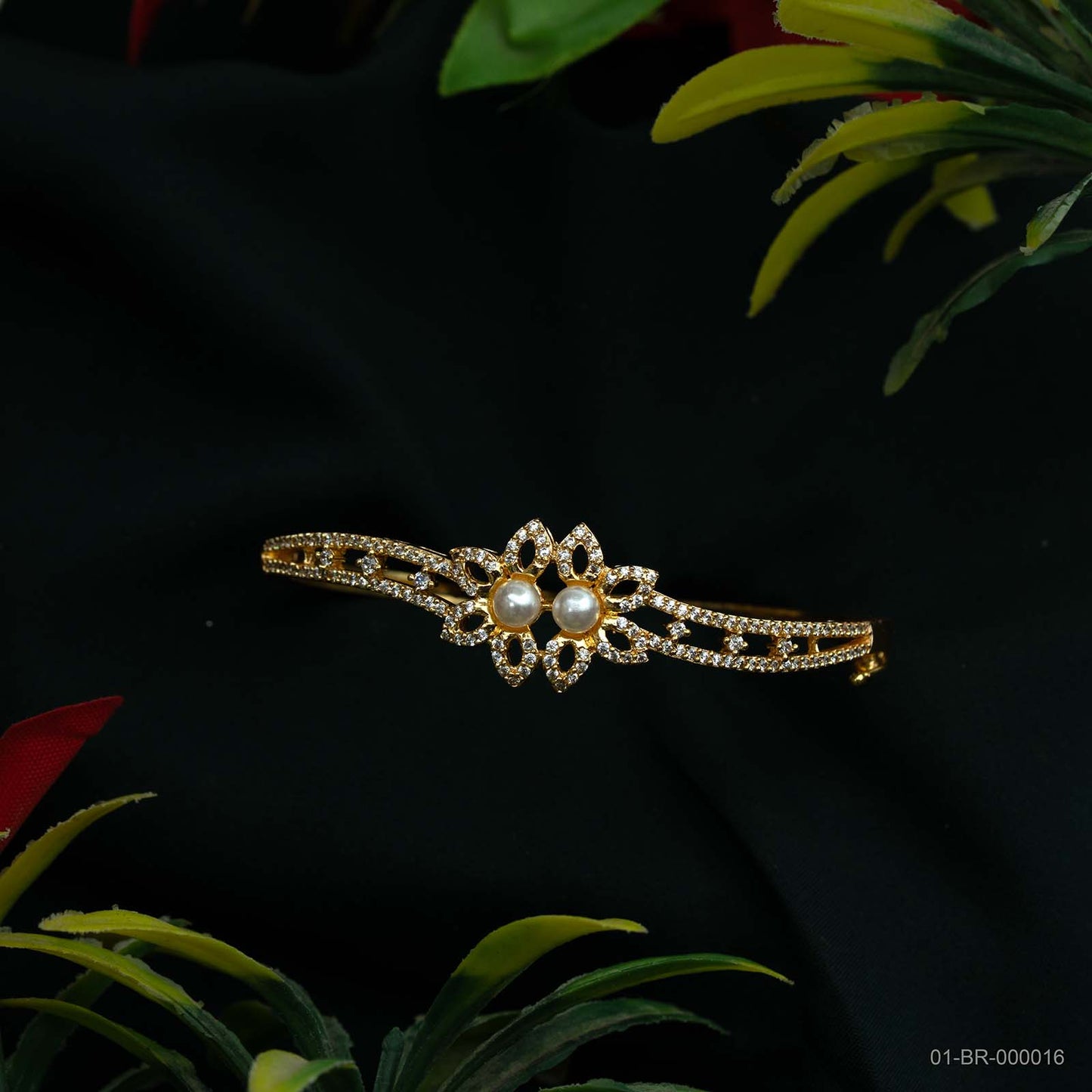 Srivaya Pearl Gold Plated AD Twin Floral Kada