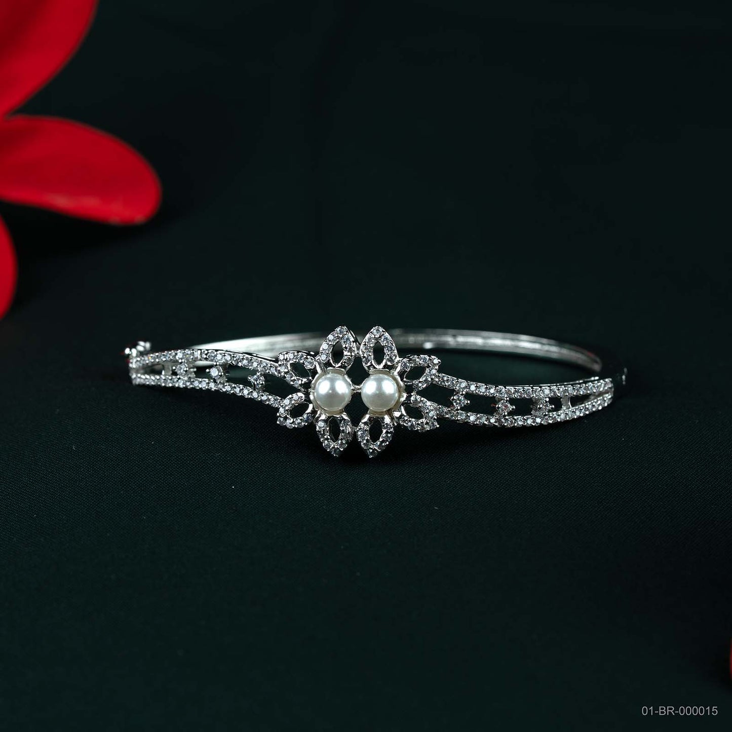 Srivaya Pearl Silver Plated AD Twin Floral Kada