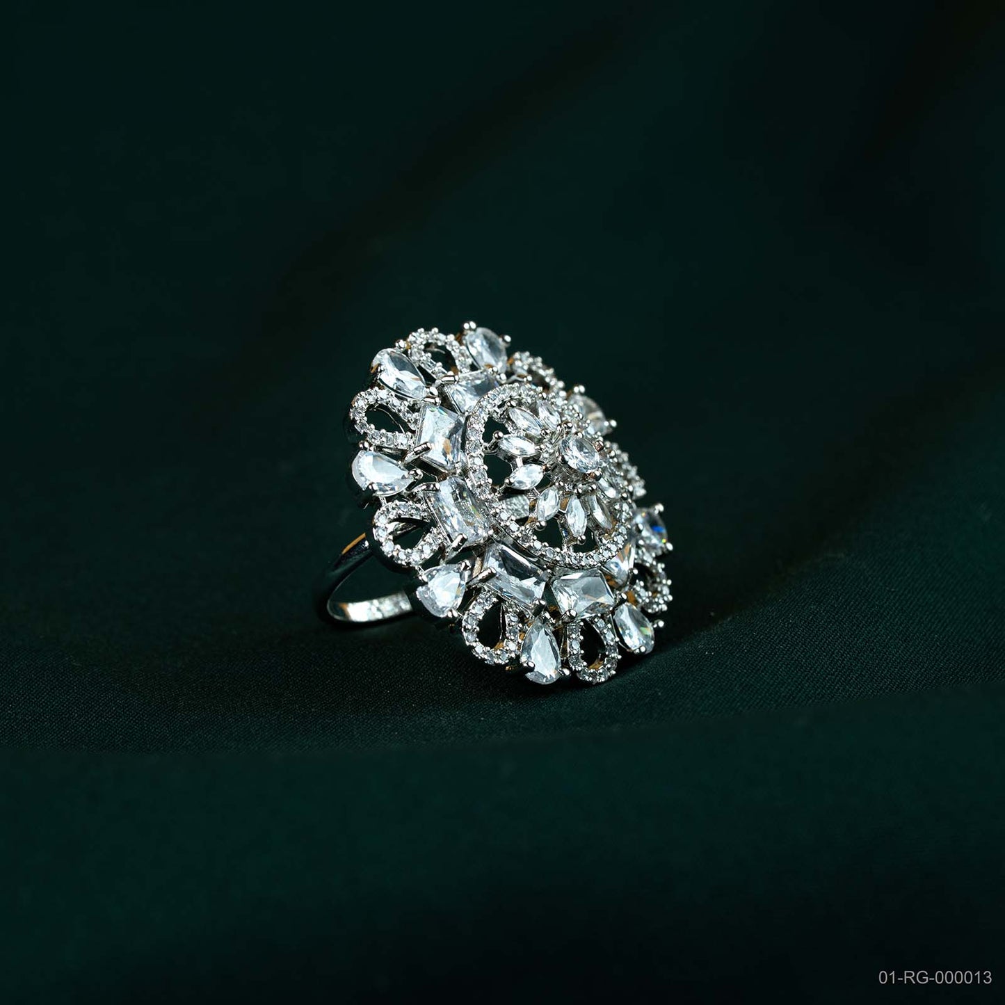 Srivaya Aria Silver Plated AD Vintage Floral Ring