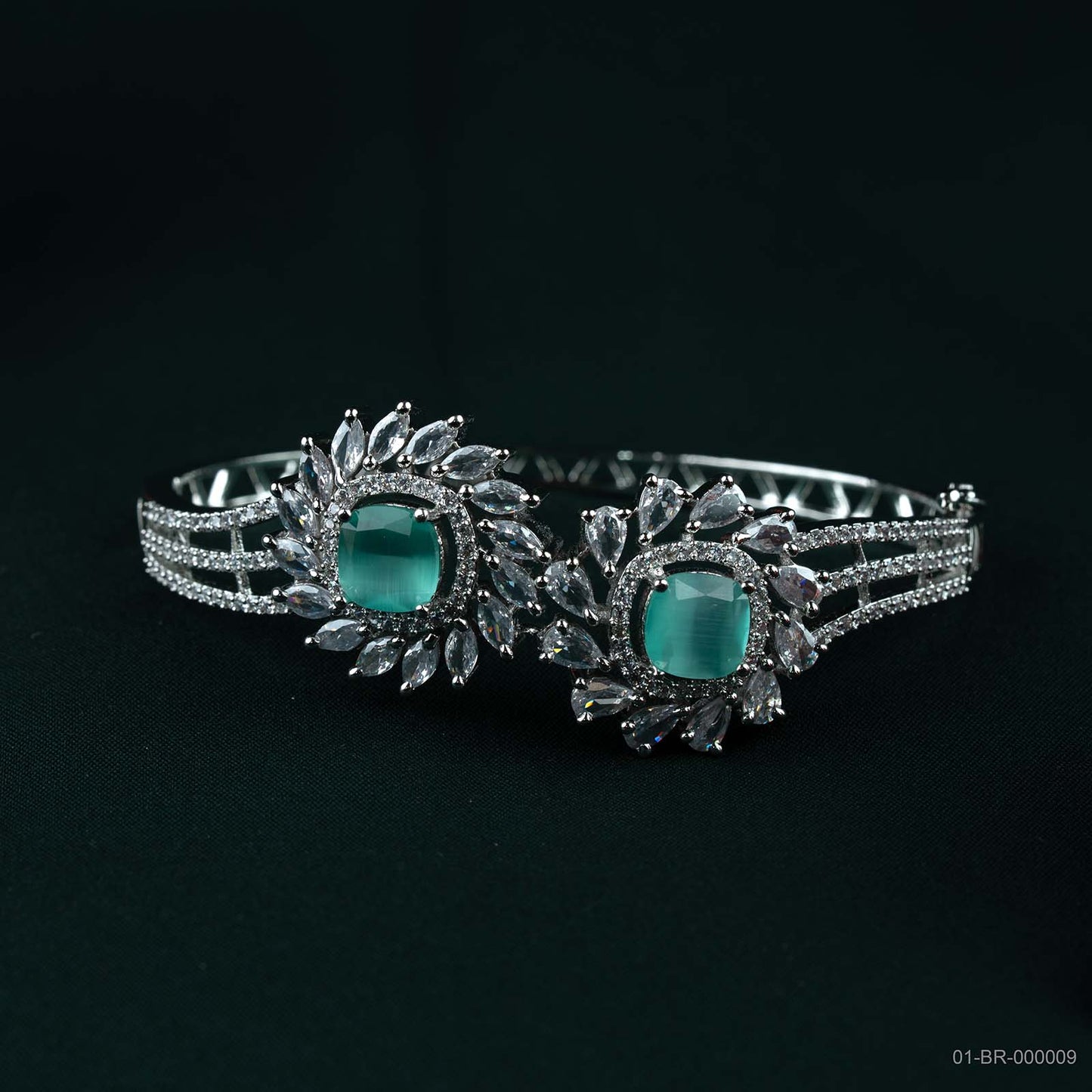 Stella Silver Mint Green AD Dual Floral Kada