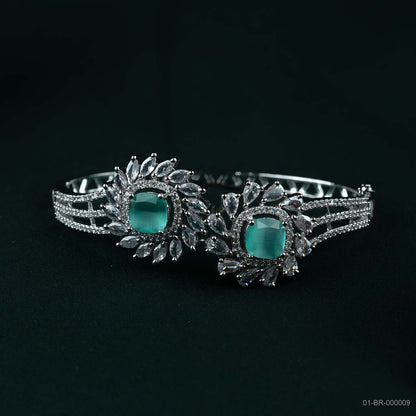 Stella Silver Mint Green AD Dual Floral Kada
