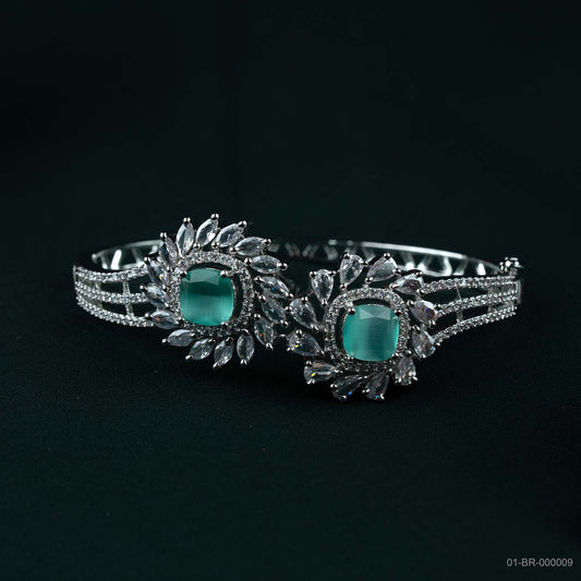 Stella Silver Mint Green AD Dual Floral Kada