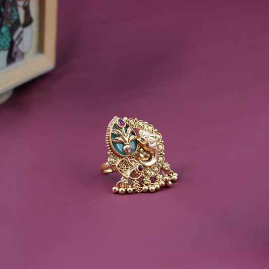 Diya Temple Gold Green Ganesha Ring