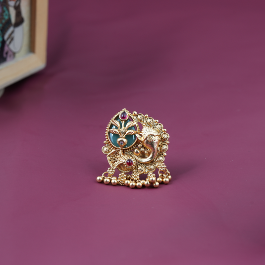 Diya Temple Gold Green Ganesha Ring