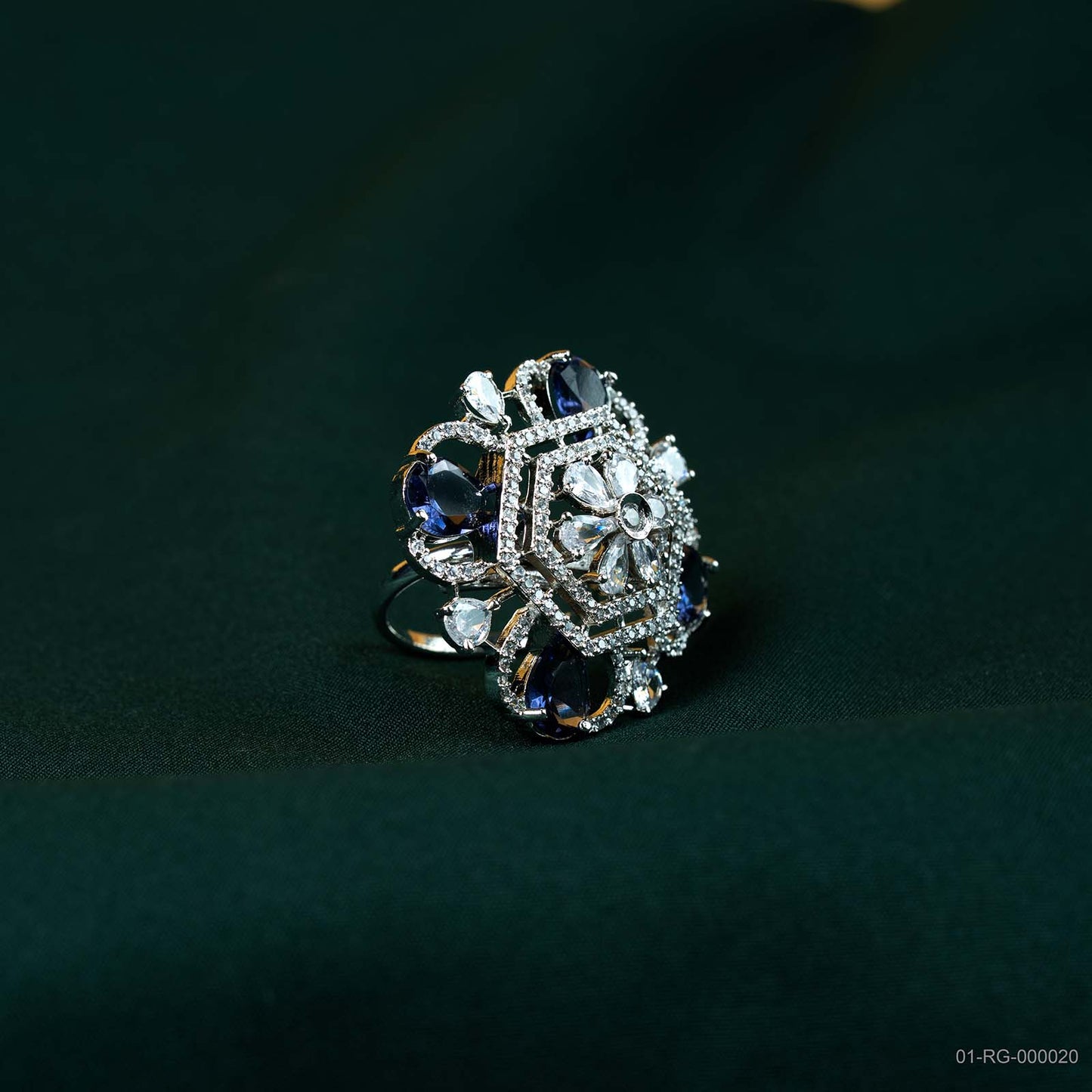 Vanya Deep Blue AD Hexagonal Floral Ring