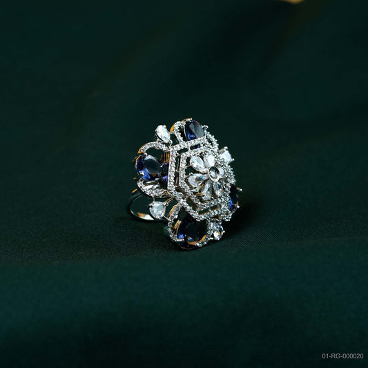 Vanya Deep Blue AD Hexagonal Floral Ring