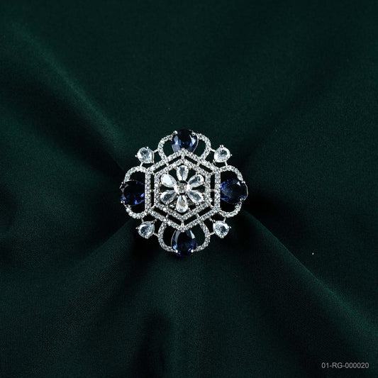 Vanya Deep Blue AD Hexagonal Floral Ring