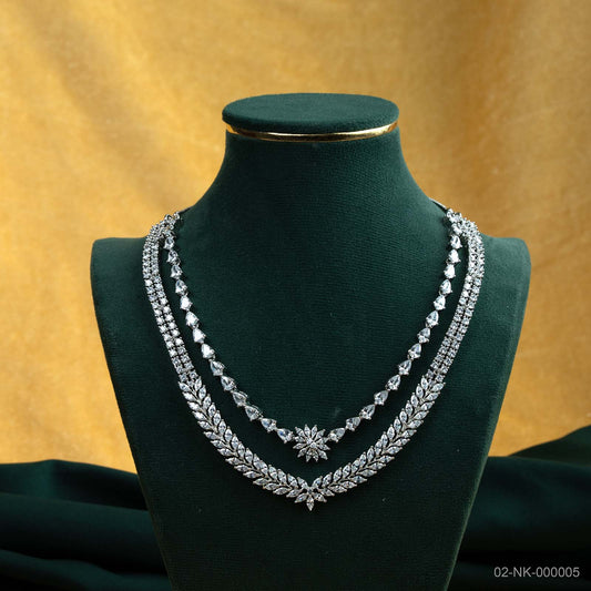 Vera Silver Plated AD Starburst Dual Layer Necklace Set