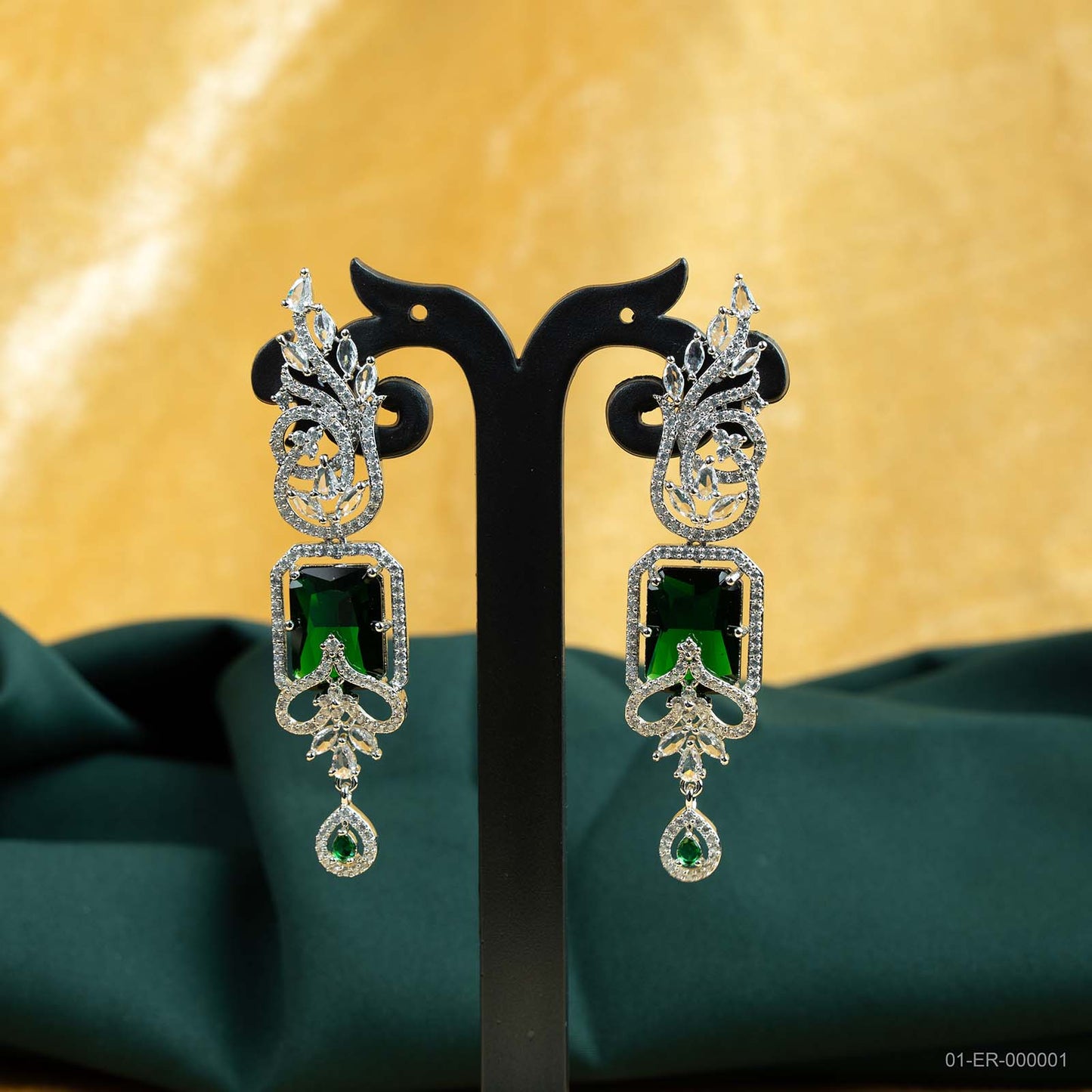 Zara Silver Plated AD Emerald Green Drop Earrings