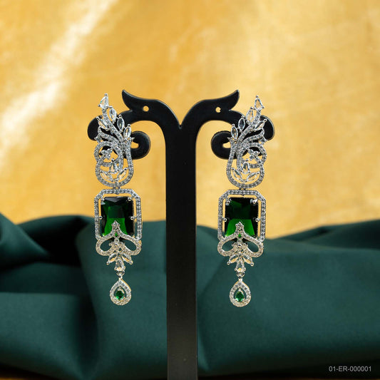 Zara Silver Plated AD Emerald Green Drop Earrings