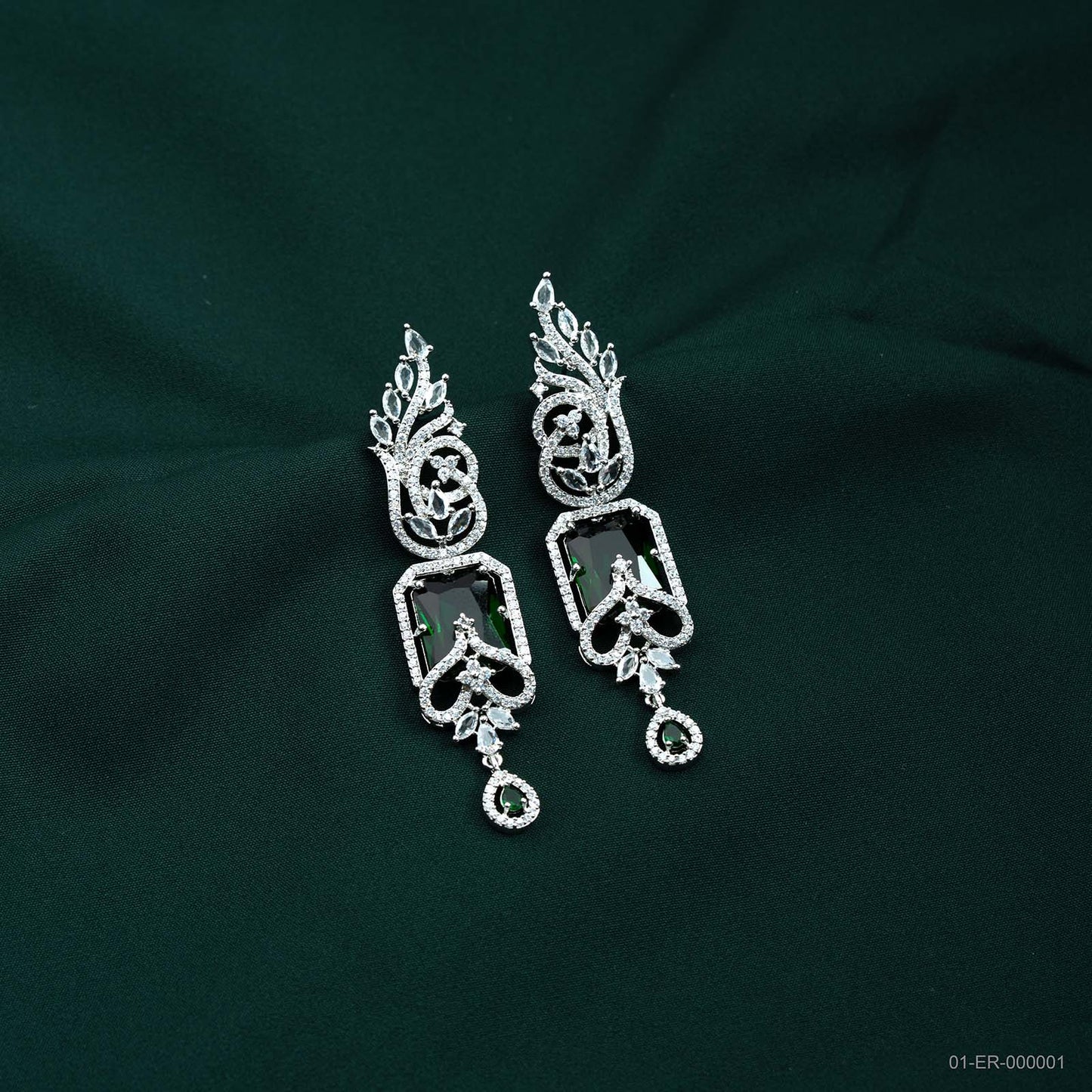 Zara Silver Plated AD Emerald Green Drop Earrings